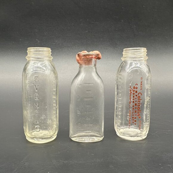 Vintage Glass Baby Bottles Evenflo Calcisalin Sample 1950s Nursery Decor - Picture 1 of 10